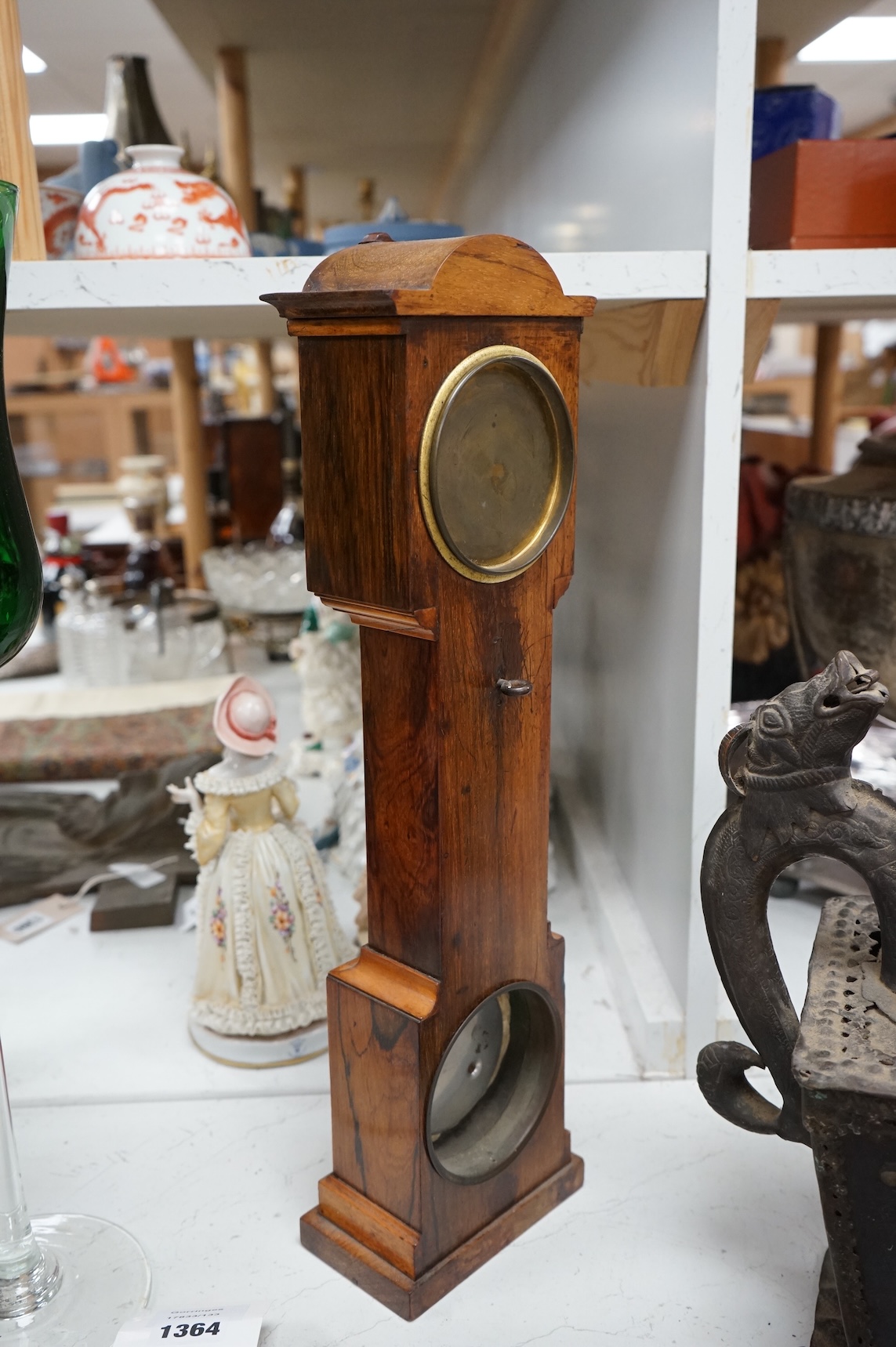 A miniature inlaid rosewood longcase clock with French movement and integral aneroid barometer and thermometer, the dial inscribed Aldis, Pimlico, 47cm high